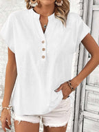Damen stylisches Kurzarm-Oberteil mit Knopfdetails und trendigem Stehkragen R&B