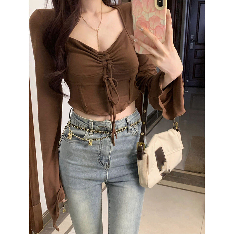 Damen Cropped-Top mit raffiniertem Knoten und weitem Arm
