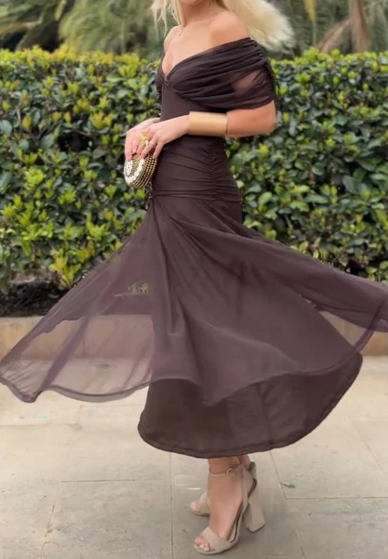 Damen nan elegantes bodenlanges Abendkleid mit drapierter Schulterpartie und luftiger Chiffon-Rock R&B