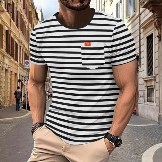 Herren nan maritim inspiriertes Streifen-T-Shirt mit Brusttasche und Slub-Jersey R&B