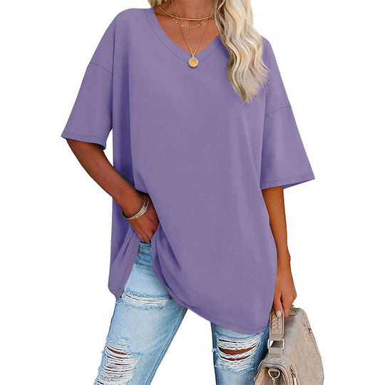 Damen Oversized T-Shirt mit V-Ausschnitt und seitlichen Schlitzen R&B