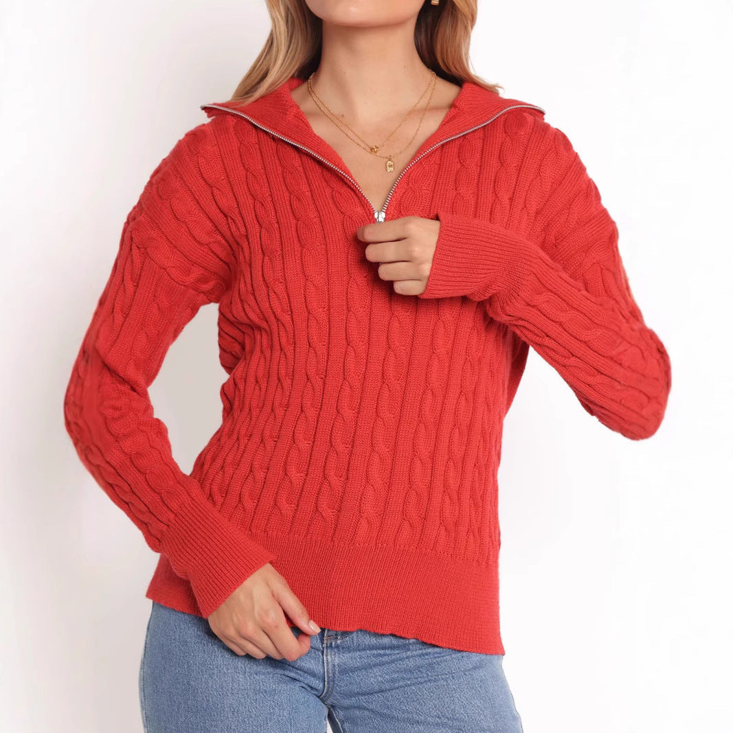 Damen Strickpullover mit elegantem Kabelmuster und modischem Stehkragen R&B