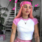 Damen Kurzarm Crop-Top mit farblich abgesetzten Raglanärmeln R&B