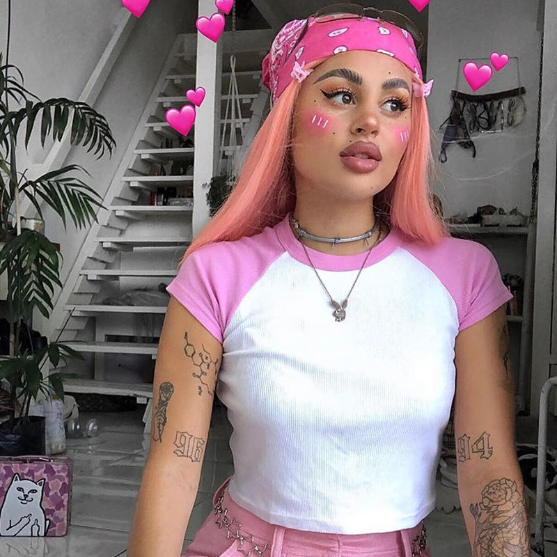 Damen Kurzarm Crop-Top mit farblich abgesetzten Raglanärmeln R&B
