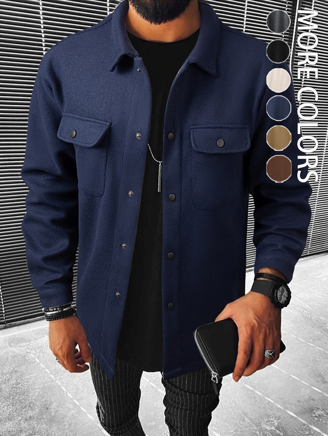 Herren nan Hemdenjacke aus Wollmix mit Druckknöpfen und Pattentaschen R&B
