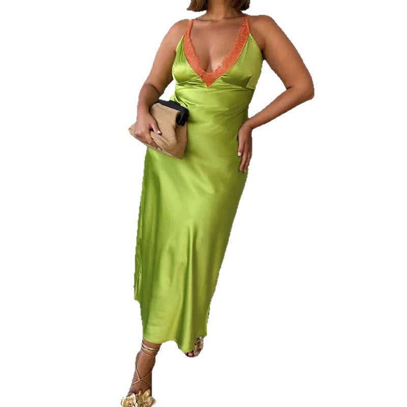 Damen Elegantes Satin-Maxikleid mit transparenter Spitze R&B