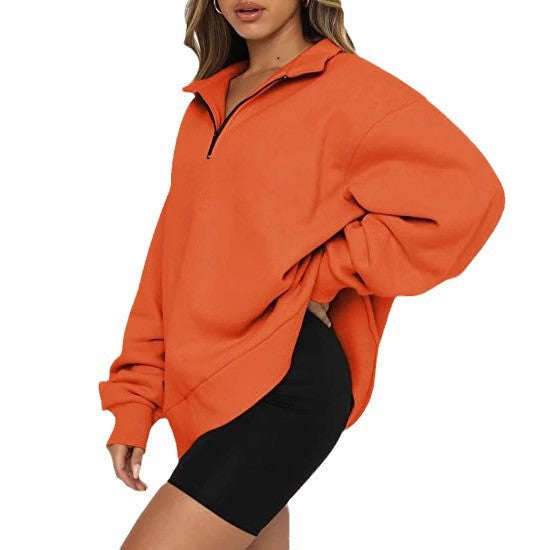 Damen modischer Oversized Pullover mit kurzem Reißverschluss und lässigen Ärmeln R&B