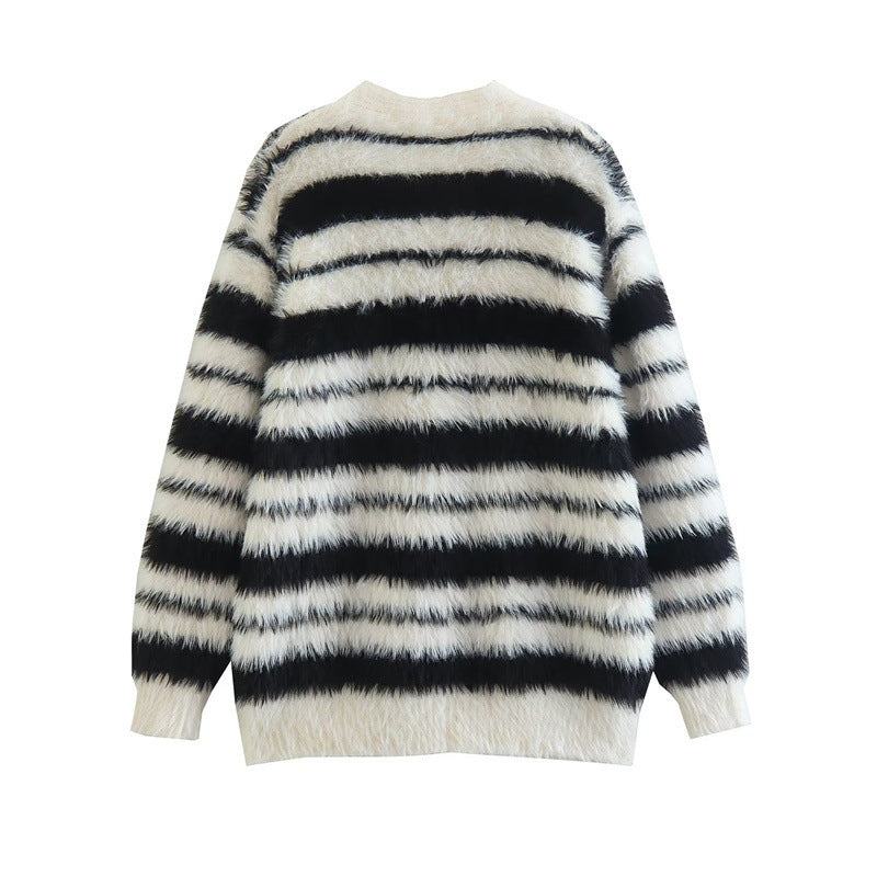 Damen Gemütlicher Strickcardigan mit modernem Streifenmuster und weichem Material R&B