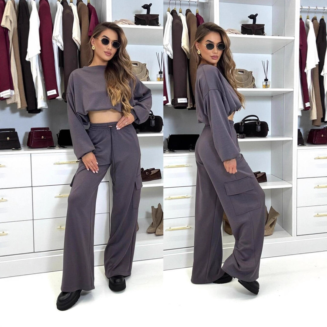 Damen lässiges Cargo-Loungewear-Set mit cropped Oberteil und weitem Bein R&B