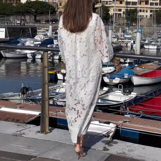 Damen nan luftiges Spitzen-Maxikleid mit floraler Ajourstickerei, lockerem Kimonoärmelschnitt und leichtem Unterkleid R&B