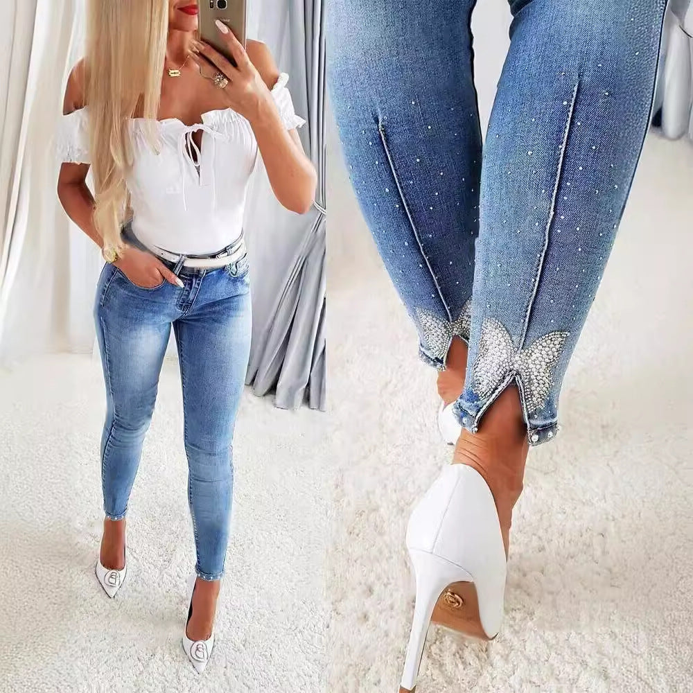 Damen Skinny Jeans mit modischem Distressed-Effekt und hohem Bund R&B