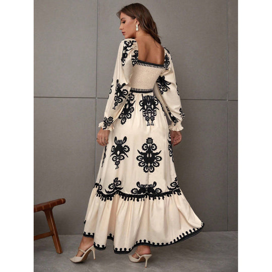Damen Maxikleid mit Puffärmeln und elegantem Stickmuster R&B