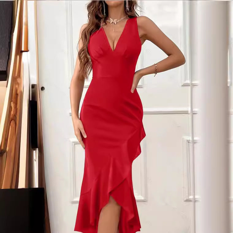 Damen Midikleid mit V-Ausschnitt und asymmetrischem Rüschensaum R&B