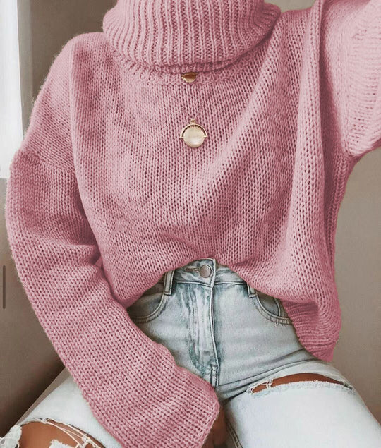 Damen Strickpullover mit hohem Kragen und lässigem Schnitt R&B
