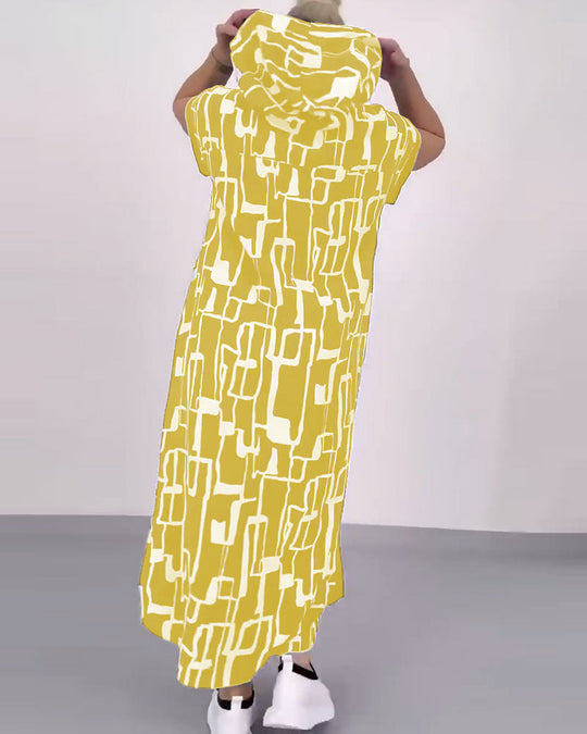 Damen nan urbanes Kapuzen‑Kaftankleid in lockerem Fall mit kurzärmeligem Schnitt und abstraktem Grafikmuster R&B