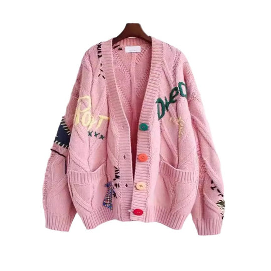 Damen Strickjacke mit buntem Motiv und praktischen Taschen R&B