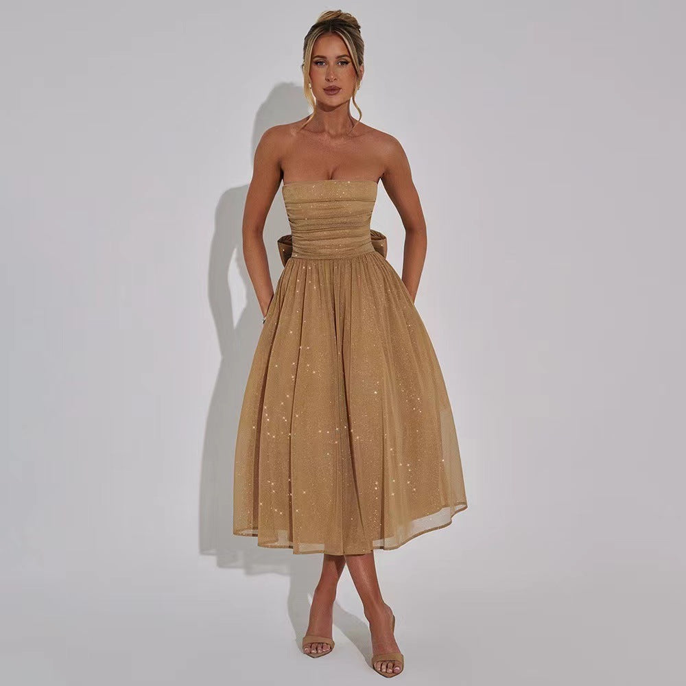 Damen Hochzeitskleid mit schimmerndem Taillenband und plissiertem Rock R&B