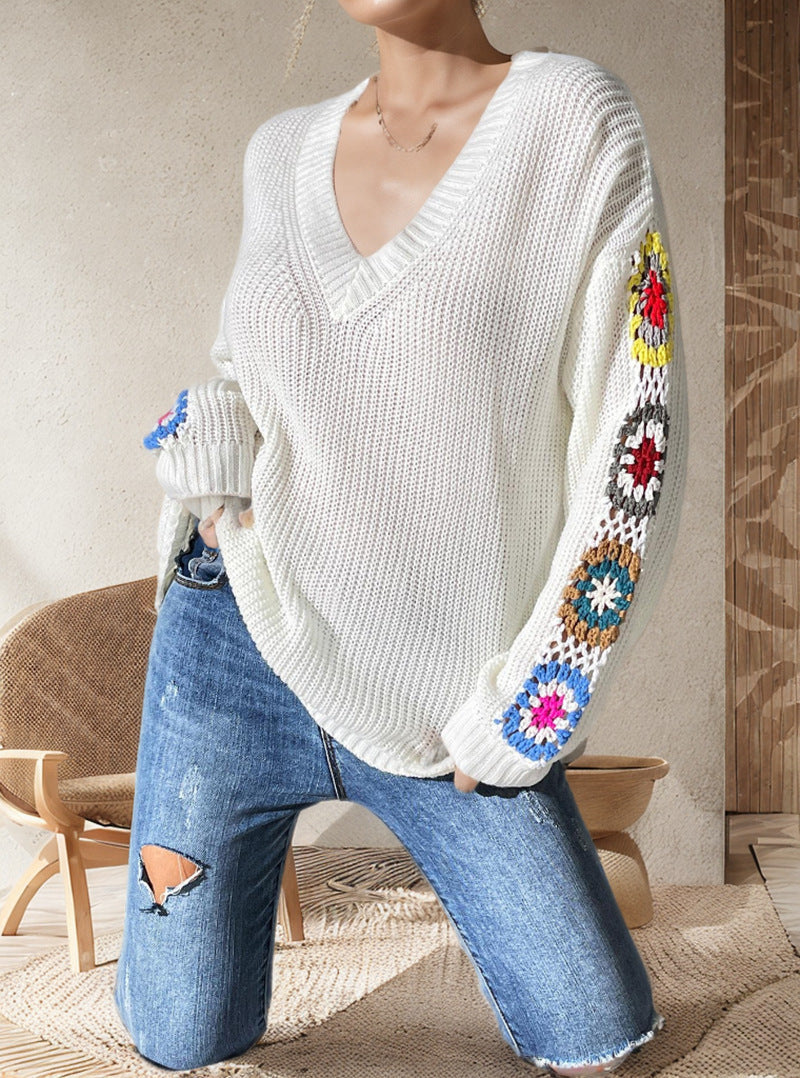 Damen Strickpullover mit verspielten Häkelakzenten und weitem Schnitt R&B