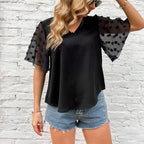 Damen elegantes Blusenshirt mit transparenten Rüschendetails und V-Ausschnitt