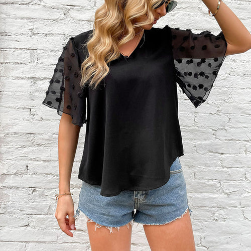 Damen elegantes Blusenshirt mit transparenten Rüschendetails und V-Ausschnitt R&B