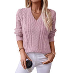 Damen modischer Strickpullover mit tiefem V-Ausschnitt und Zopfmuster