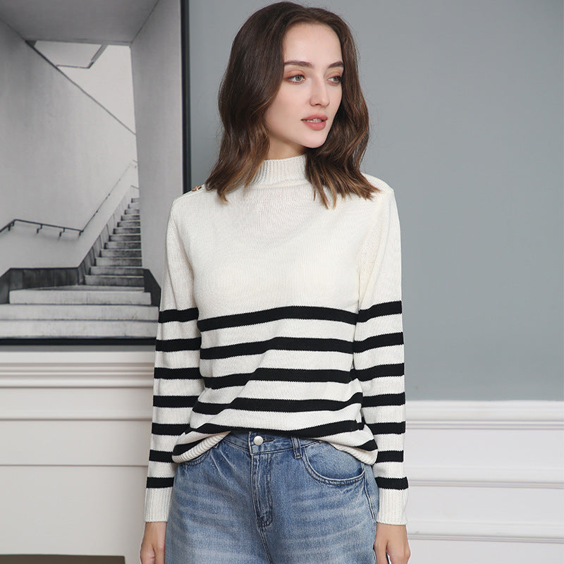 Damen modischer Strickpullover mit Streifenmuster und Knopfdetails