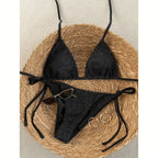 Damen Triangel-Bikini mit strukturierter Netzoptik und raffinierten Bindändern