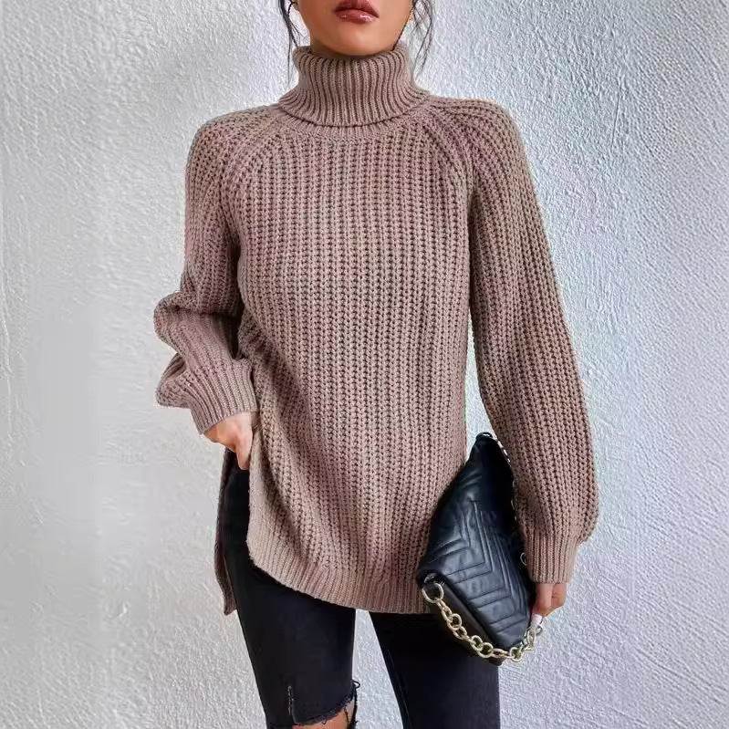 Damen Strickpullover mit hohem Kragen und strukturiertem Wabenmuster R&B