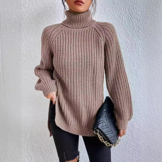 Damen Strickpullover mit hohem Kragen und strukturiertem Wabenmuster R&B