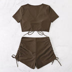 Damen Crop-Top Bikini-Set mit verstellbaren Rüschen und hoch tailliertem Slip R&B
