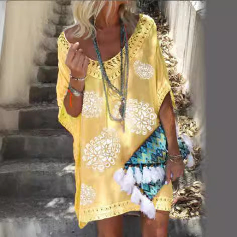 Damen Strandkleid mit Häkelkragen und floralem Druck R&B