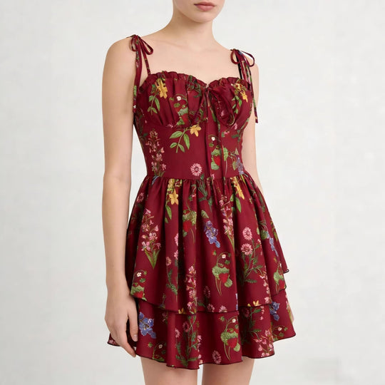 Damen Minikleid mit Blumenmuster und bordeauxfarbenem Unterrock R&B
