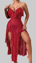 Damen Maxi-Kleid mit voluminösen Rüschendetails und seitlichem Schlitz