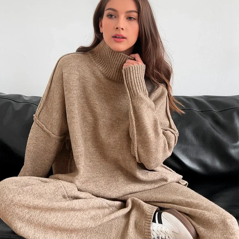 Damen Gemütliches Strickensemble mit hohem Kragen und weit geschnittenen Hosen