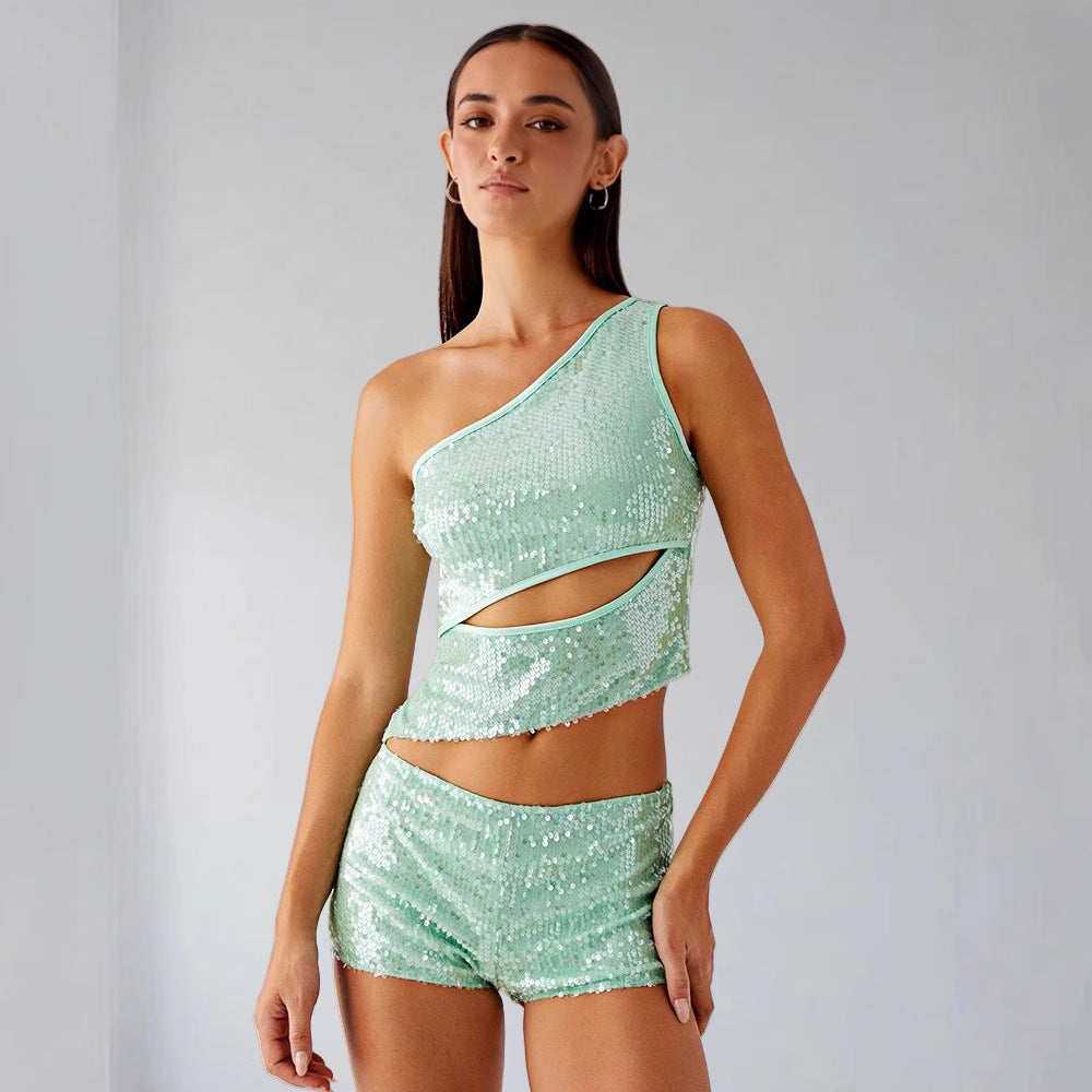 Damen Glamouröses Pailletten-Top mit Cut-Out-Design und Shorts R&B