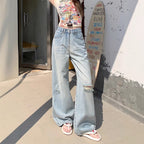 Damen Weite Denim-Jeans im lässigen Vintage-Stil mit modischen Rissen R&B