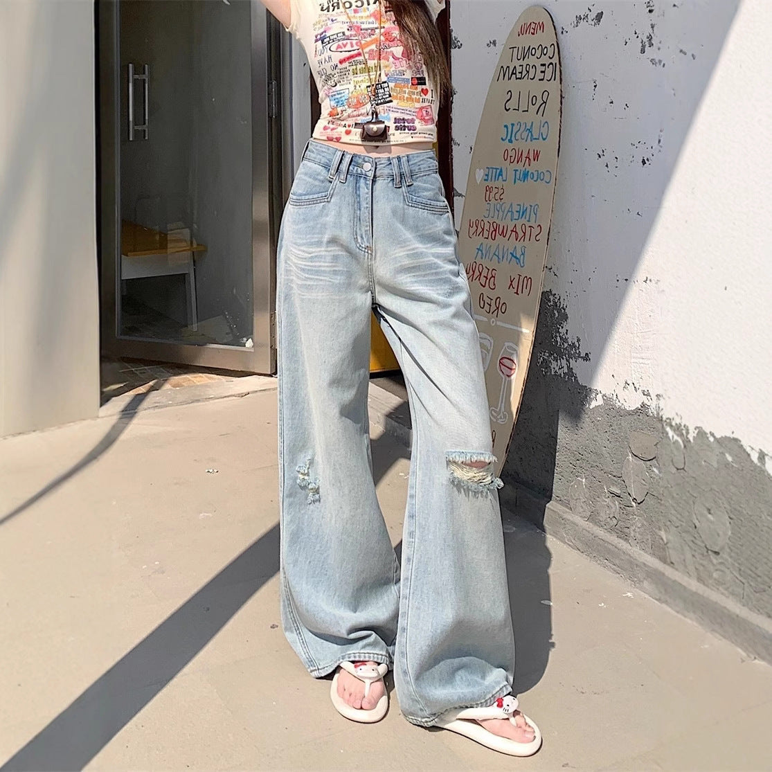 Damen Weite Denim-Jeans im lässigen Vintage-Stil mit modischen Rissen R&B