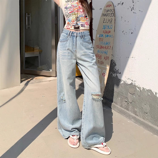 Damen Weite Denim-Jeans im lässigen Vintage-Stil mit modischen Rissen R&B