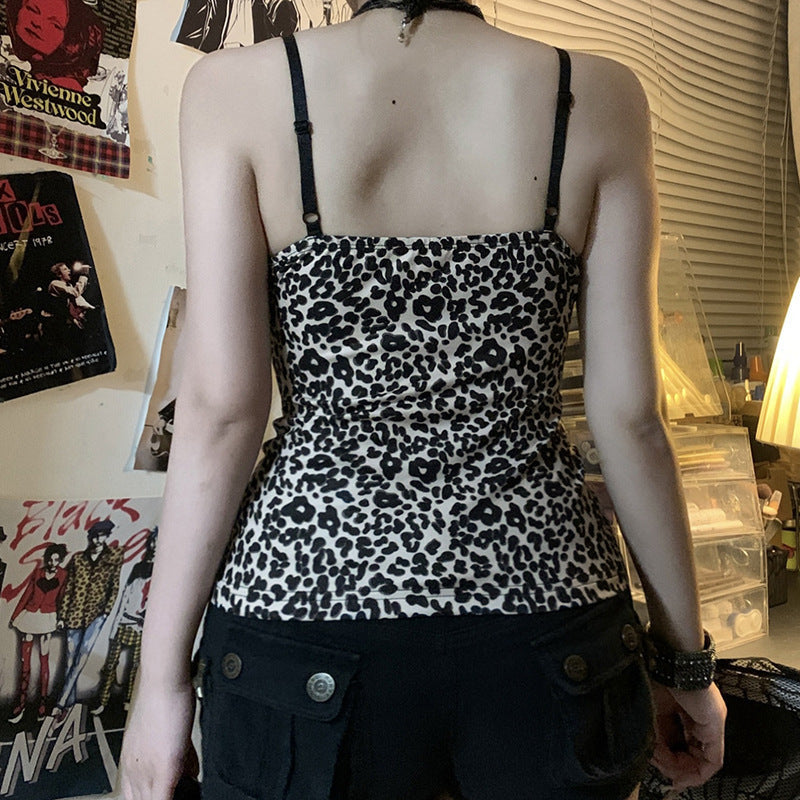Damen Spaghetti-Trägertop mit elegantem Spitzenbesatz und R&Brnem Leopardenmuster R&B