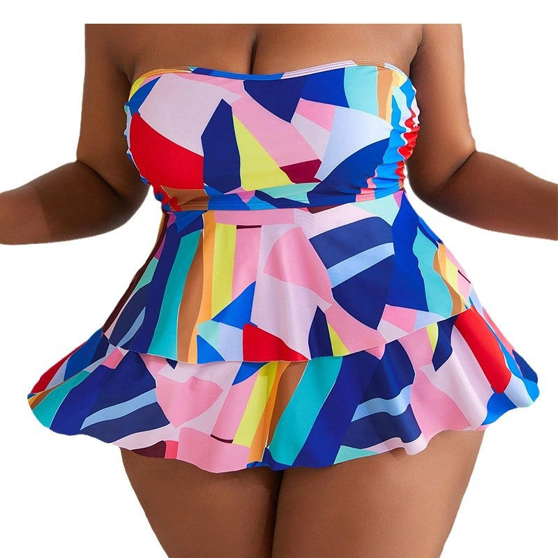 Damen Bandeau-Badeanzug mit fließendem Rock und lR&Bhaftem Muster R&B