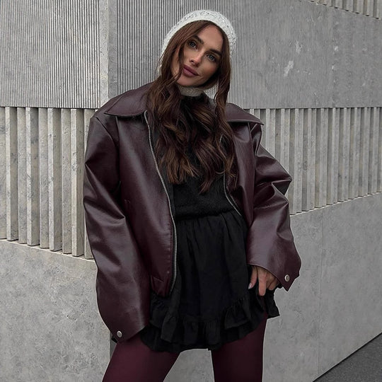 Damen Lässige Kunstlederjacke mit oversized Schnitt und praktischen Taschen R&B