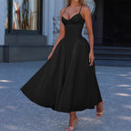 Damen A-linien Abendkleid mit verstellbaren Spaghettiträgern und schwingendem Rock R&B