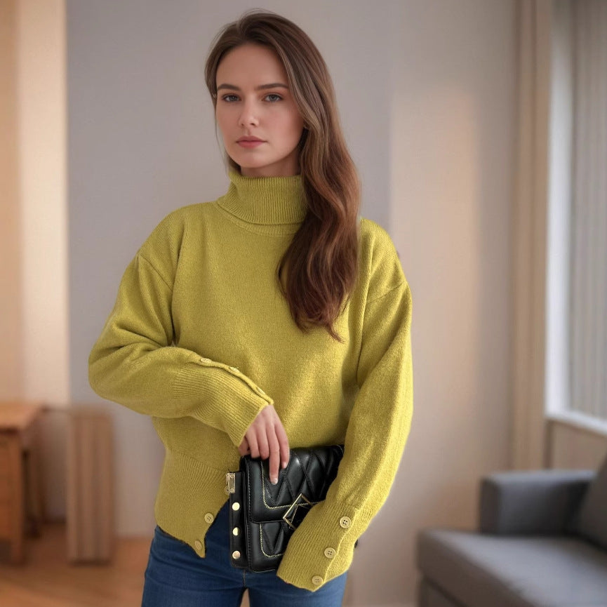 Damen modischer Rollkragenpullover mit Knopfdetails und asymmetrischem Saum R&B