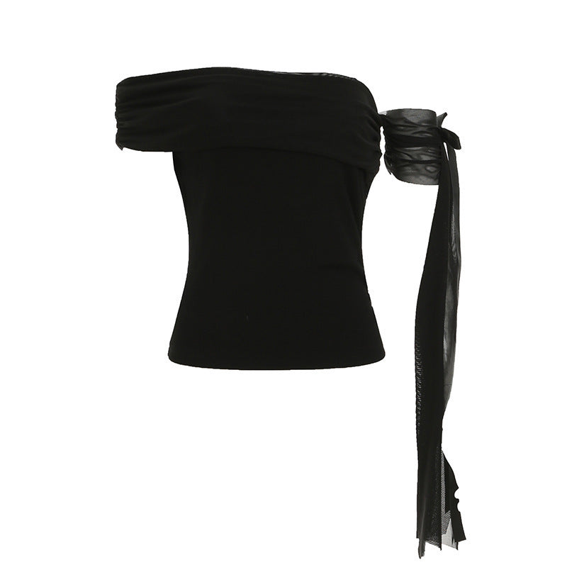 Damen Off-Shoulder Oberteil mit Rüschendetails und transparentem Ärmel R&B