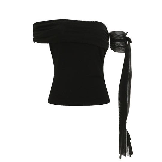 Damen Off-Shoulder Oberteil mit Rüschendetails und transparentem Ärmel R&B