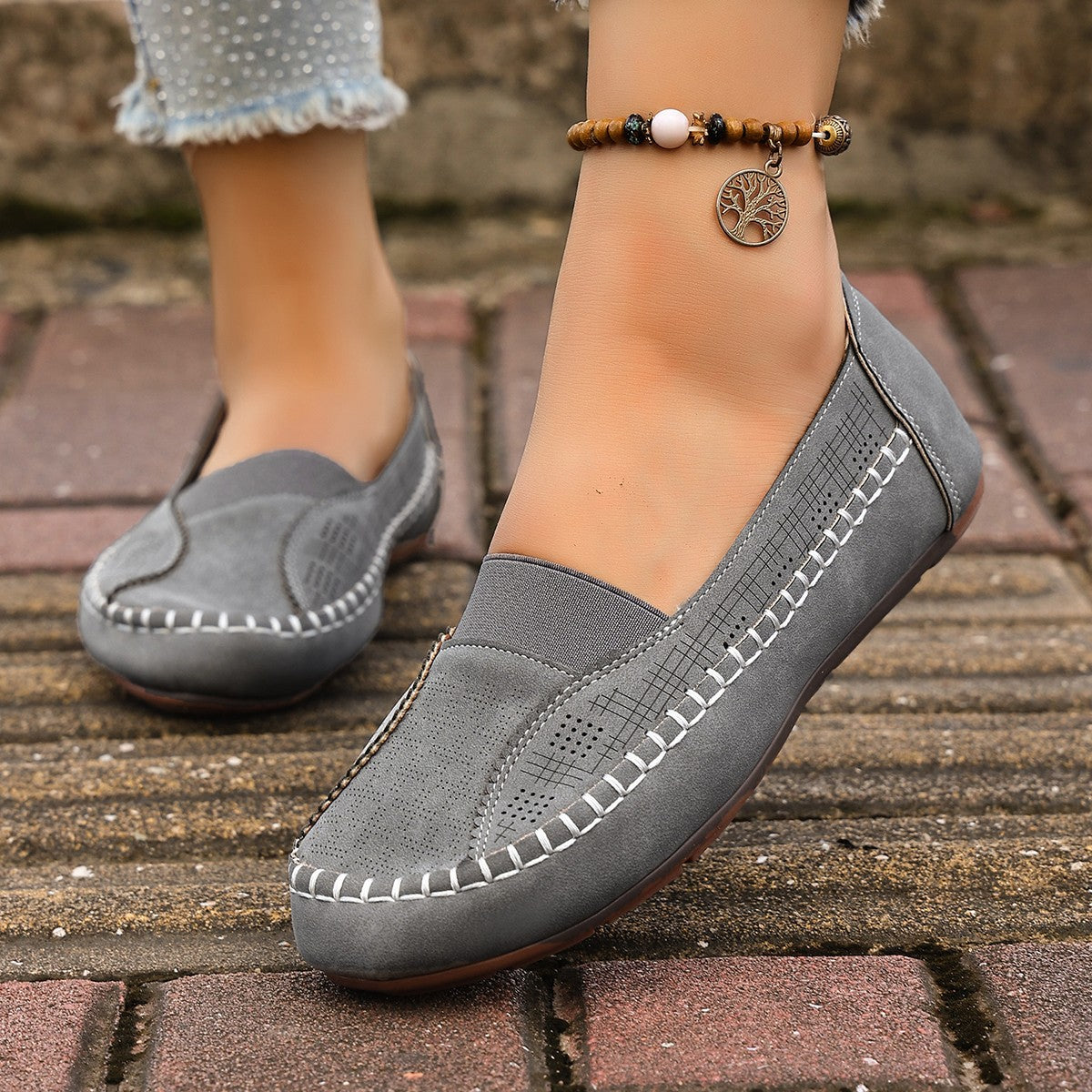 Damen Mokassins mit atmungsaktivem Obermaterial und handgenähtem Design R&B