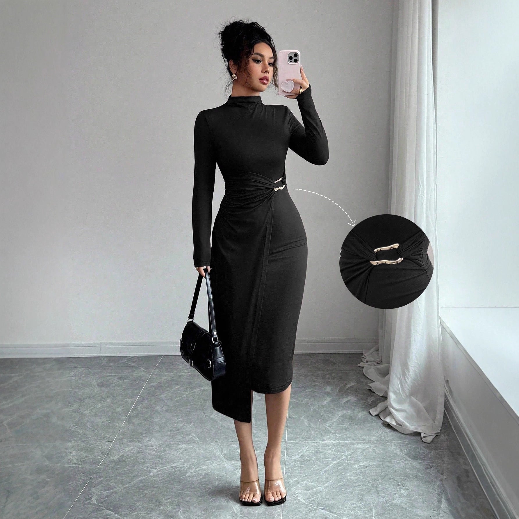 Damen nan figurbetontes Midikleid mit Stehkragen, Taillenraffung und asymmetrischem Saum R&B