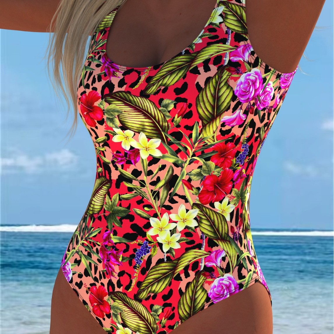 Damen Einteiliger Badeanzug mit floralen Akzenten und sportlichem Schnitt