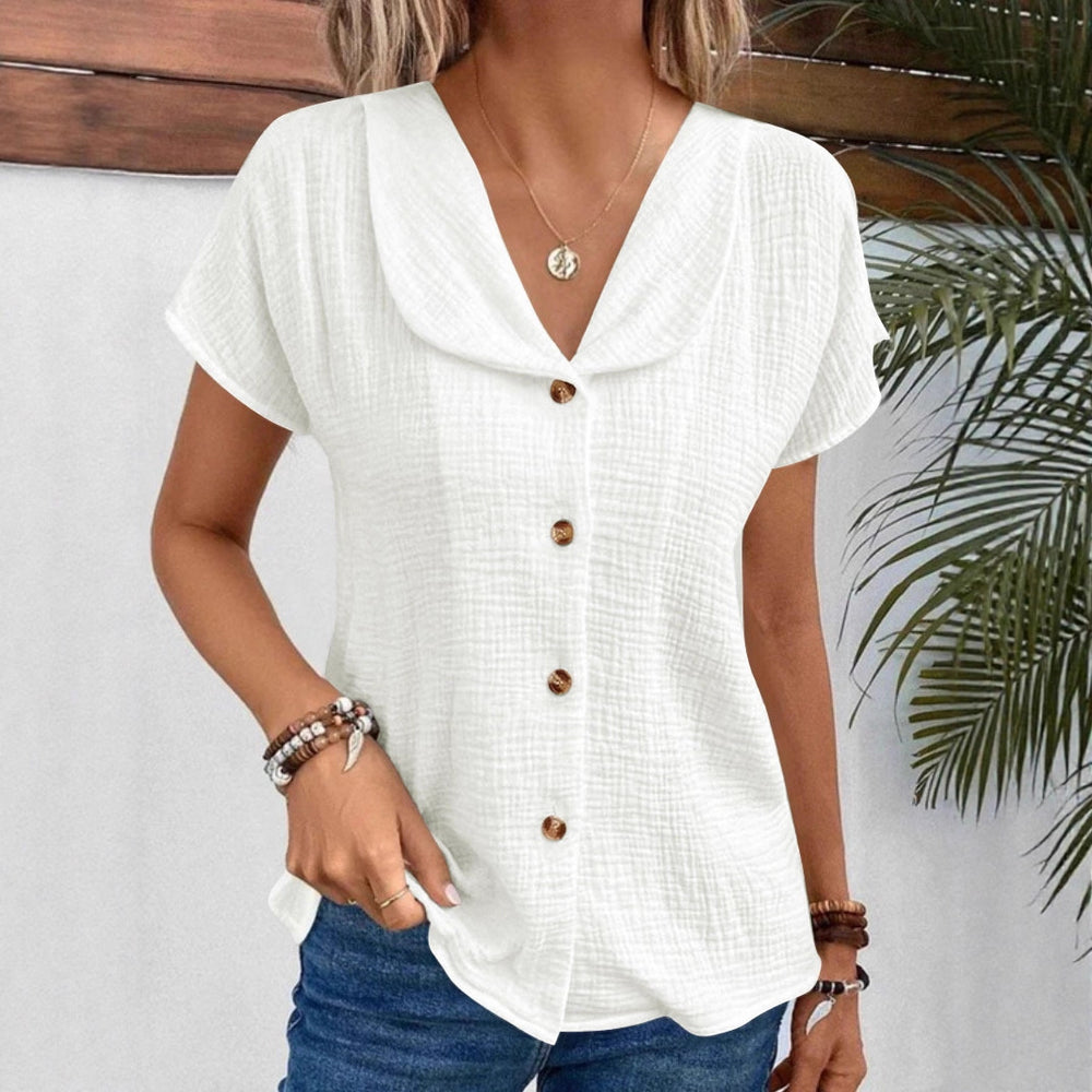 Damen Blusenshirt mit stilvollem Schalkragen und dekorativen Knopfdetails R&B