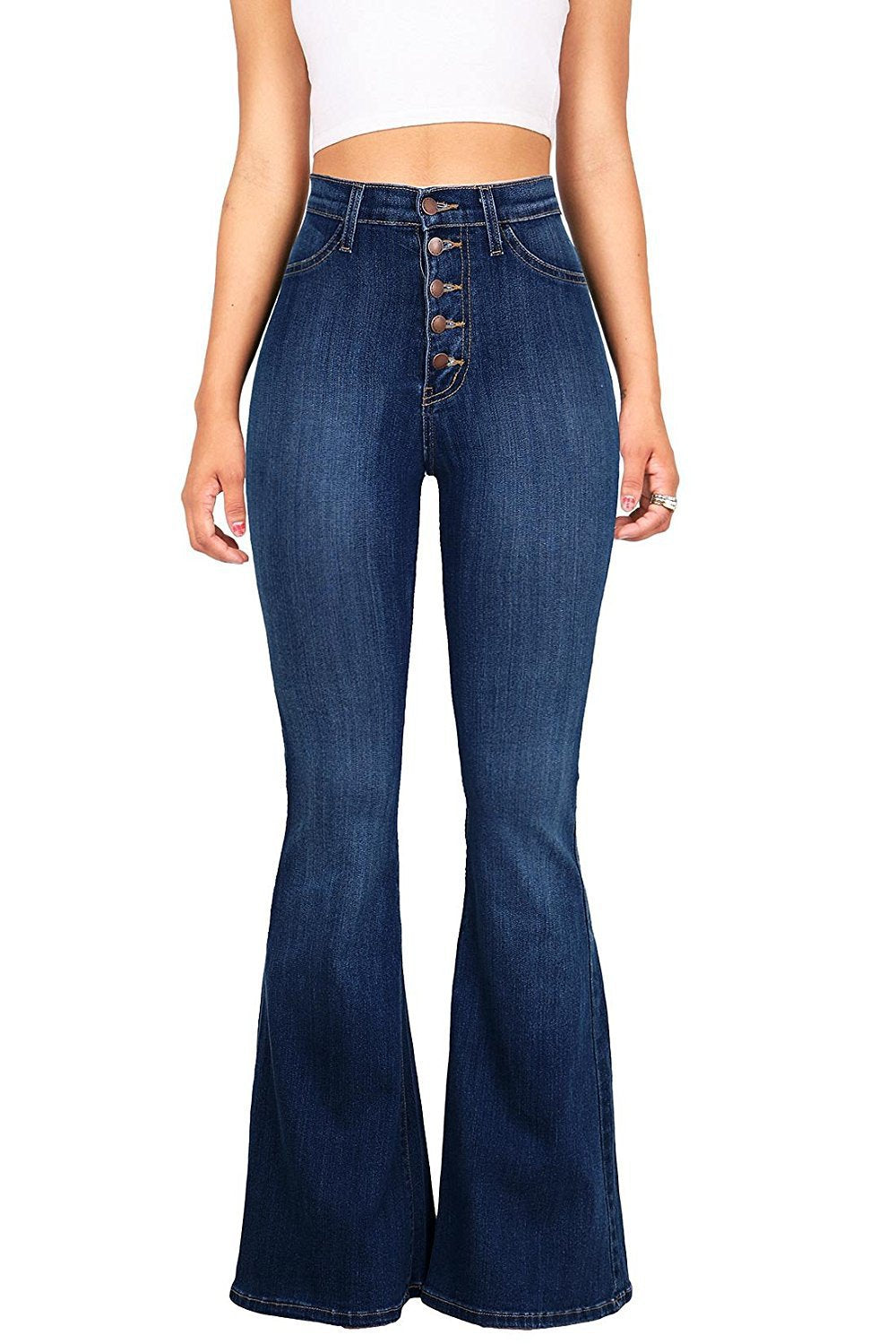 Damen Flared Jeans mit hohem Bund und dekorativer Knopfleiste R&B